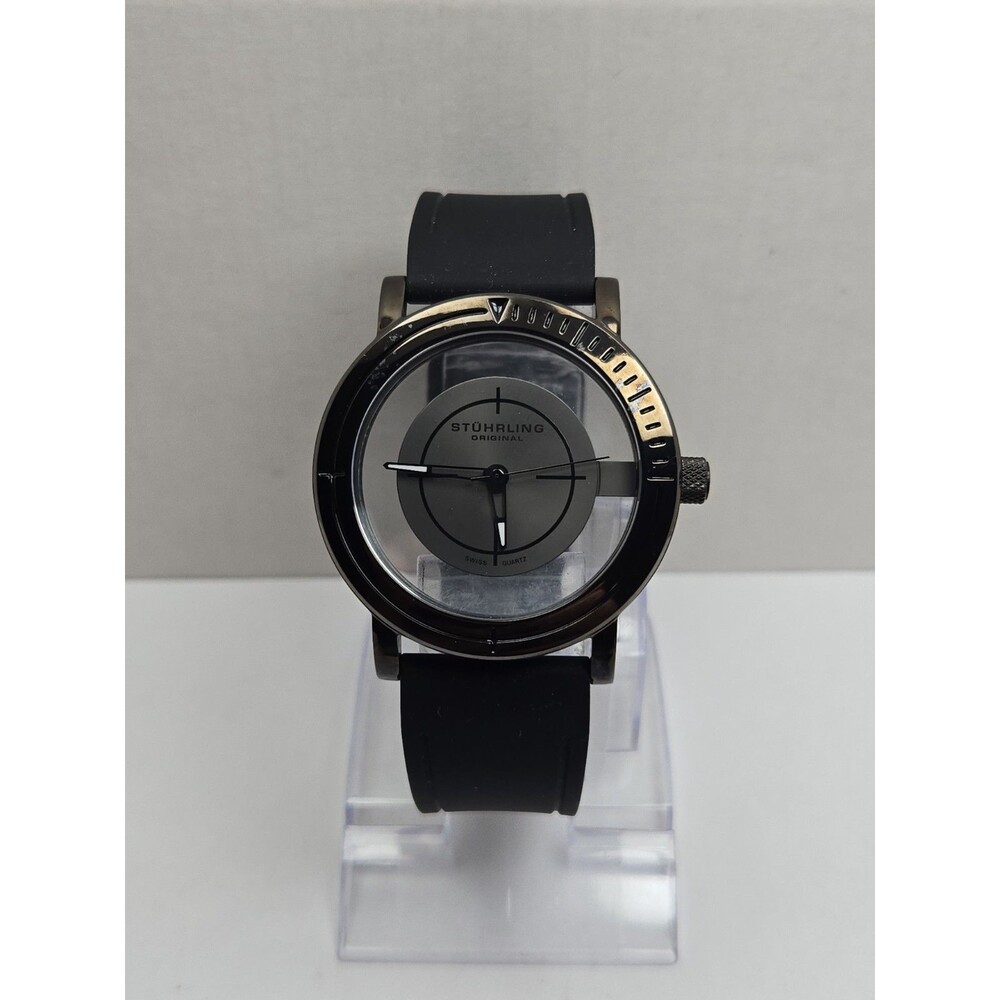 Stuhrling Original Aviator Mens Quartz Silver Dial Rubber Watch 42mm New Battery
